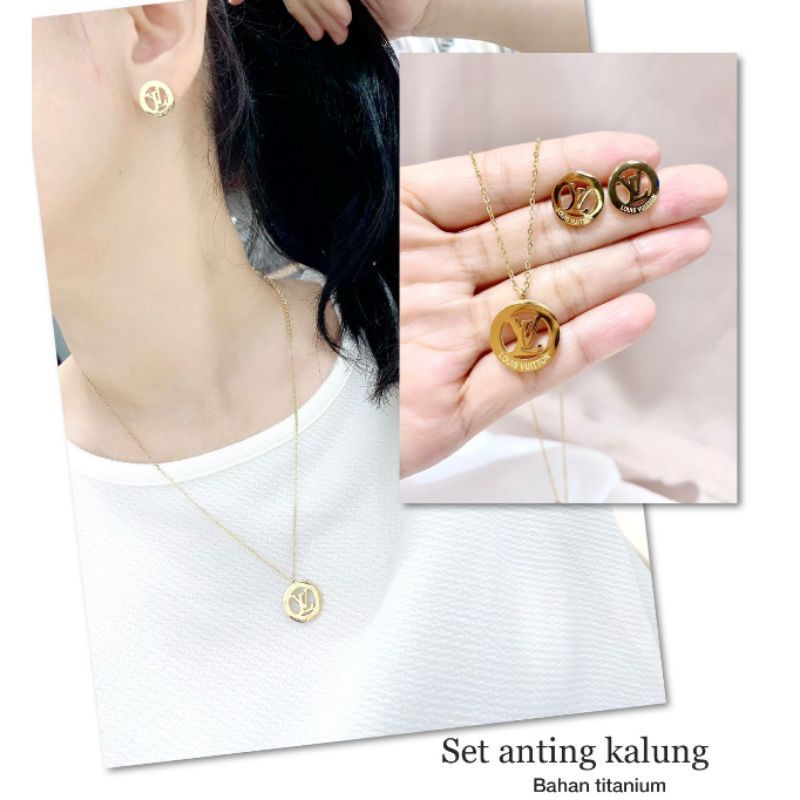 Set Kalung Anting Titanium Asli Premium Quality Anti karat anti alergi Motif eLv Stainless Steel ori Gw19