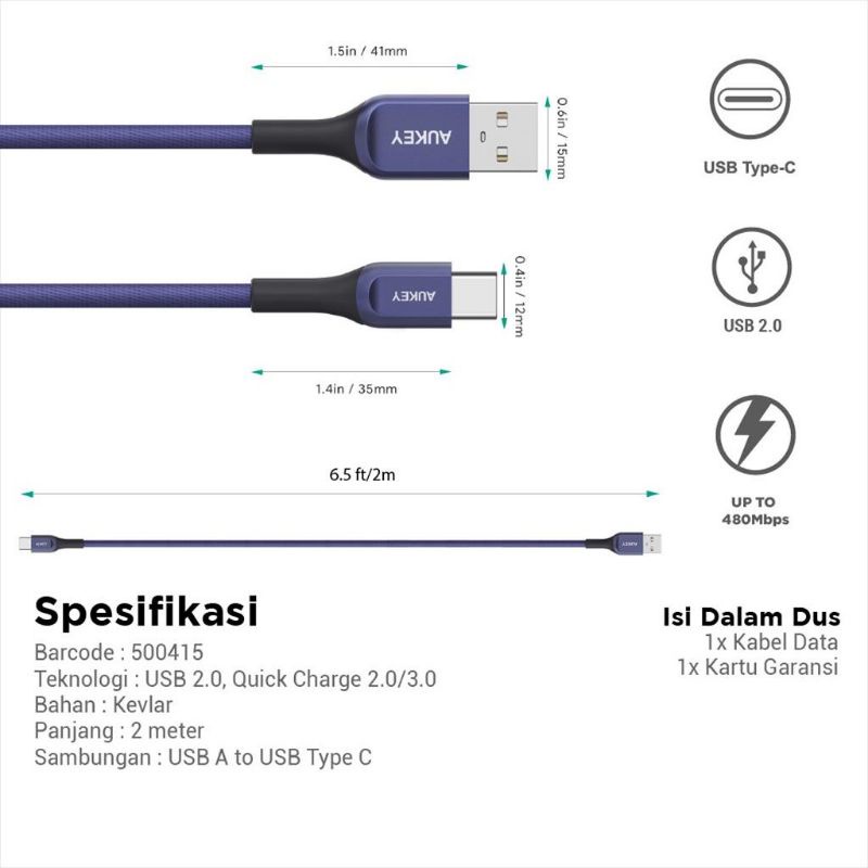 Aukey Kabel Charger Type C Aukey CB-AKC1 &amp; CB-AKC2 QC 2.0