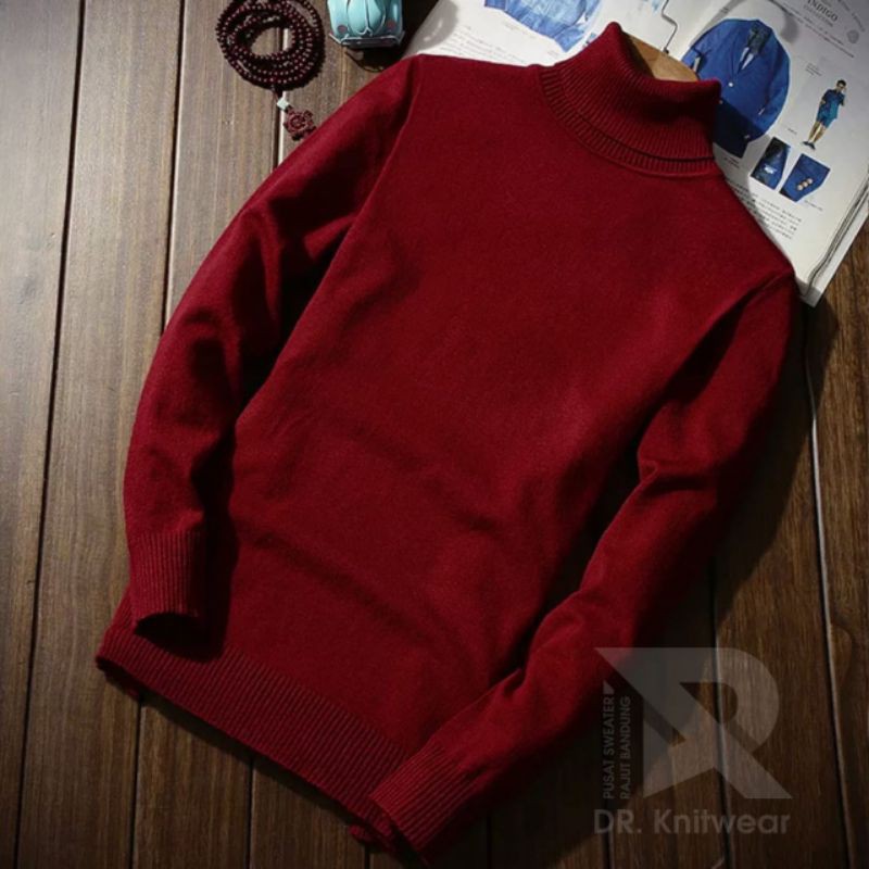 dr.knitwear Rajut Turtleneck Sweater Cowok Maroon - Sweater Rajut Kerah Tinggi Pria Katun Premium