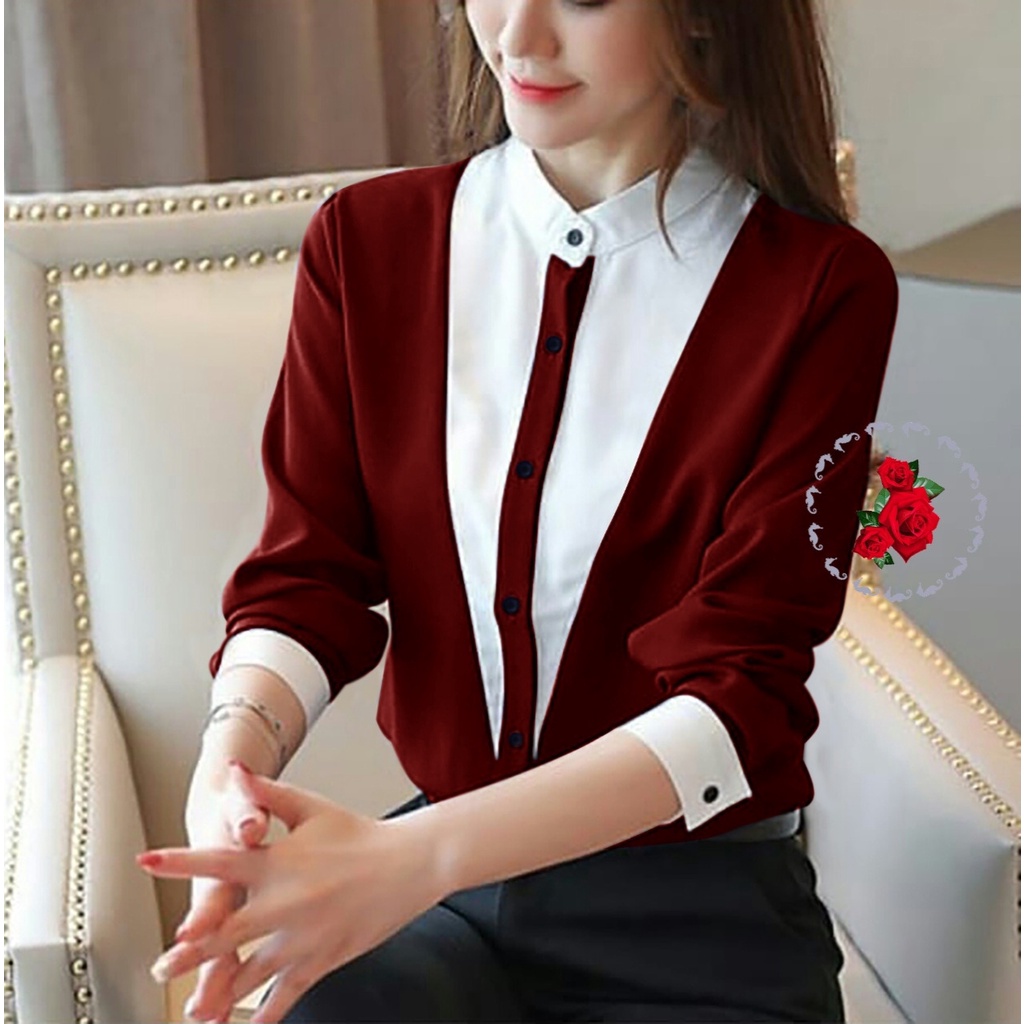 *[IJFK] Blouse Korea Kombinasi V Panjang Wanita / Blouse Wanita / Atasan Kemeja Wanita