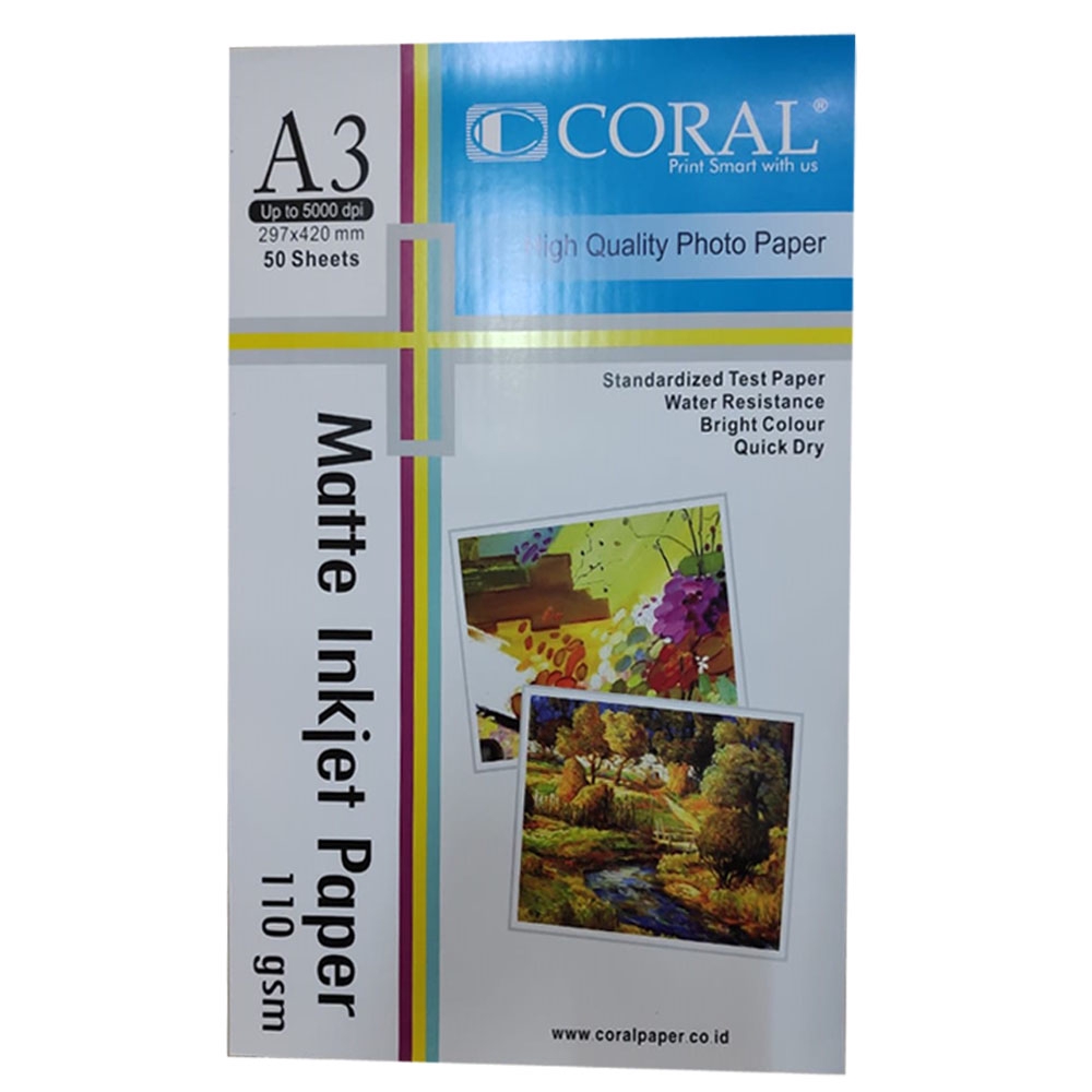 

CORAL INKJET PAPER 110GSM UKURAN A3 ISI 50 LEMBAR