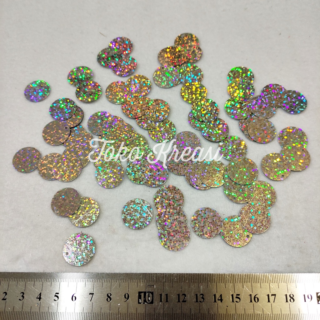 (Per Pack) Payet baju bulat / Sisik naga motif Hologram / Ramboci flat Uk 20 mm - 25 mm Silver Gold