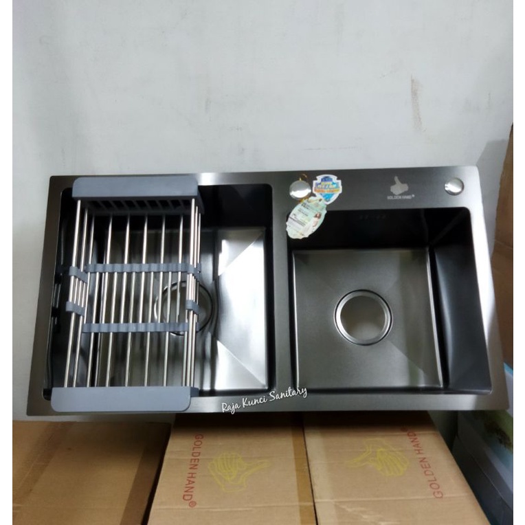 Kitchen Sink 7541 Hitam Onan Golden Hand+Kran Cuci Piring+Tempat Sabun Cair Hitam