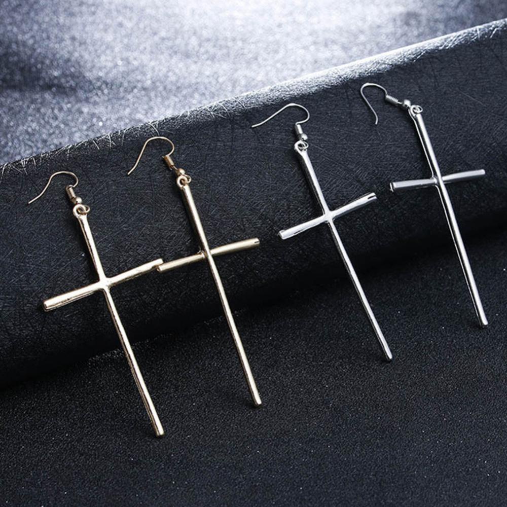 Timekey Anting Tusuk Gantung Bentuk Salib Bahan Stainless Steel Gaya Punk Rock Untuk Wanita A6K7