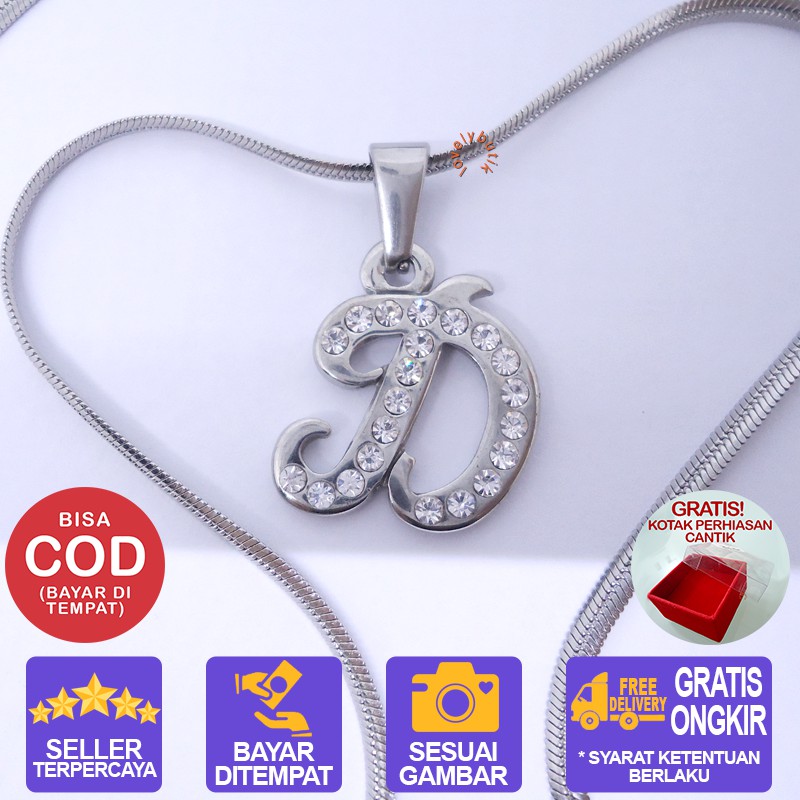 Lovelybutik Honey Kalung Huruf Titanium Anti Karat Inisial D Uk 45 cm BONUS KOTAK PERHIASAN