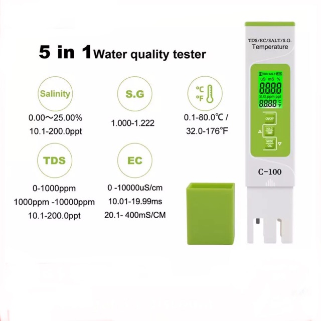 5 in 1 TDS/EC/SALINITY/S.G/TEMEPERATURE Meter Digital Backlight C-100