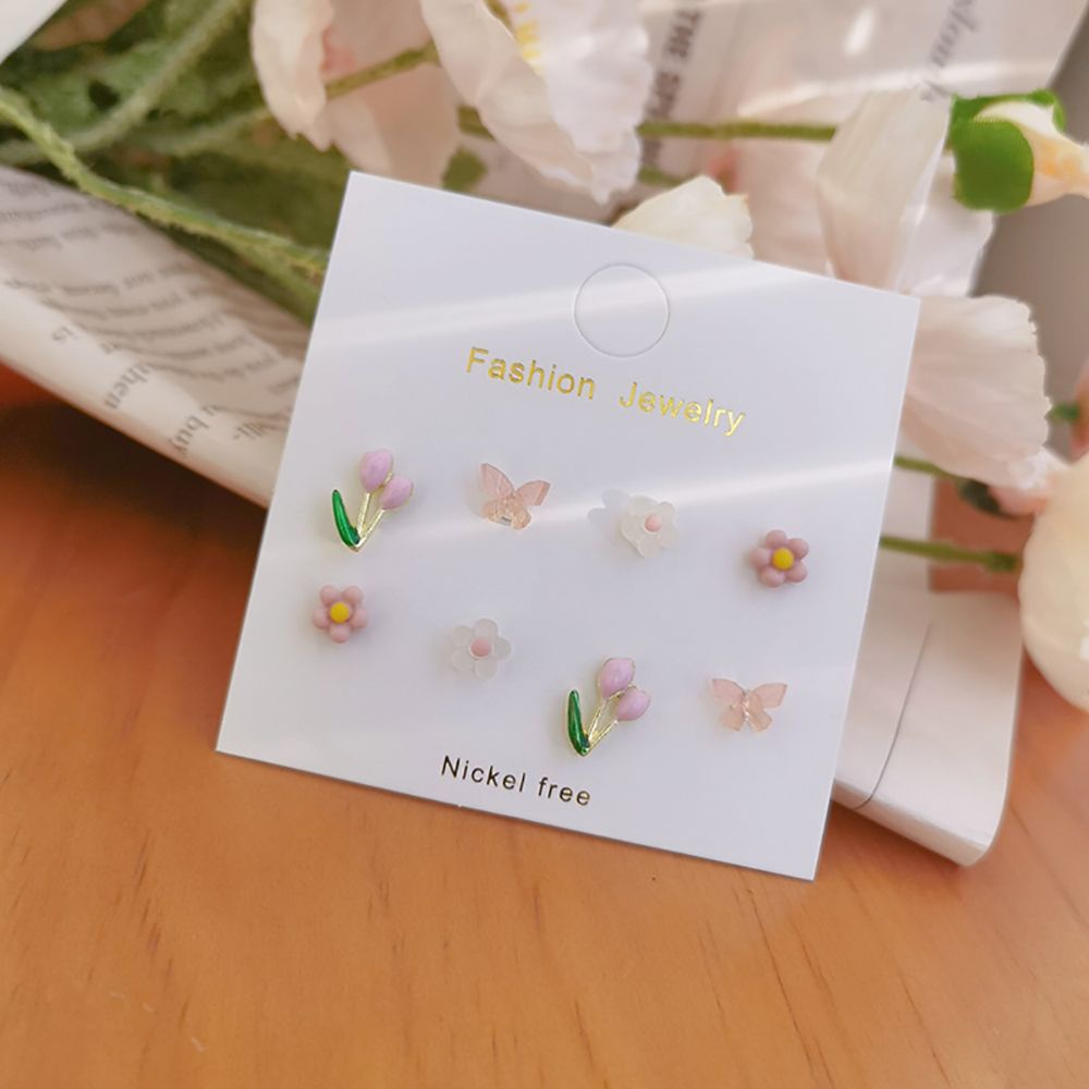 Needway  4 pairs/set Women Stud Earrings Sweet Fashion Jewelry Flower Earrings Set Party Cute Tulip Female Lovely Girl Korean Style Earrings/Multicolor