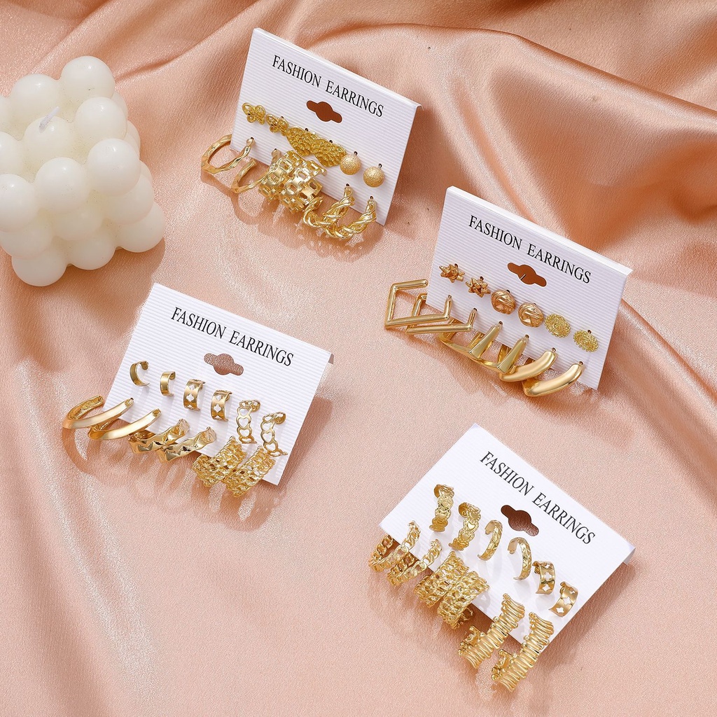 6 Pasang / set Anting Bentuk Lingkaran Geometris Bahan Logam Gaya retro Eropa Amerika