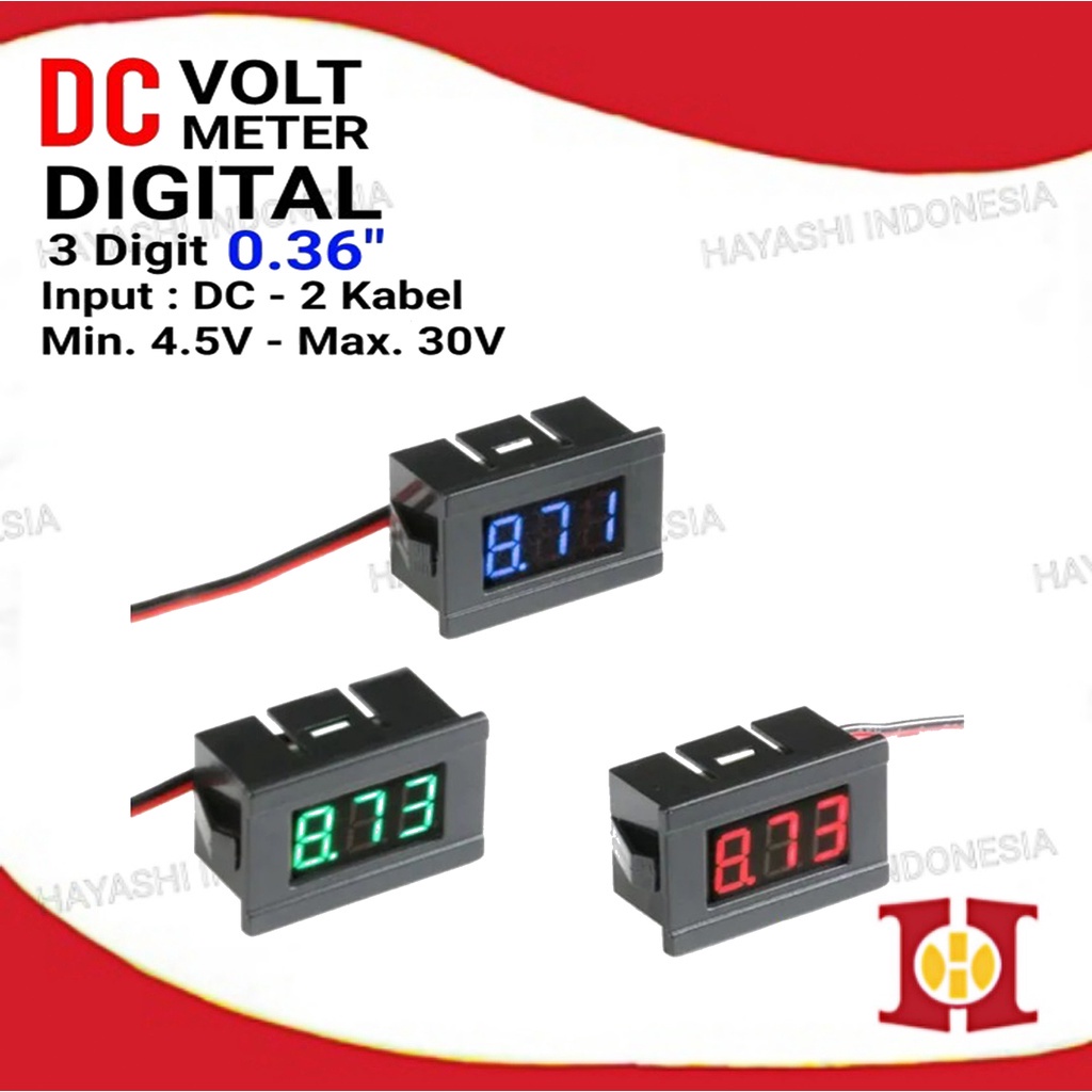 Volt Meter DC 4.5 - 30V Digital Voltmeter 0.36&quot; Dengan Frame 2 Kabel