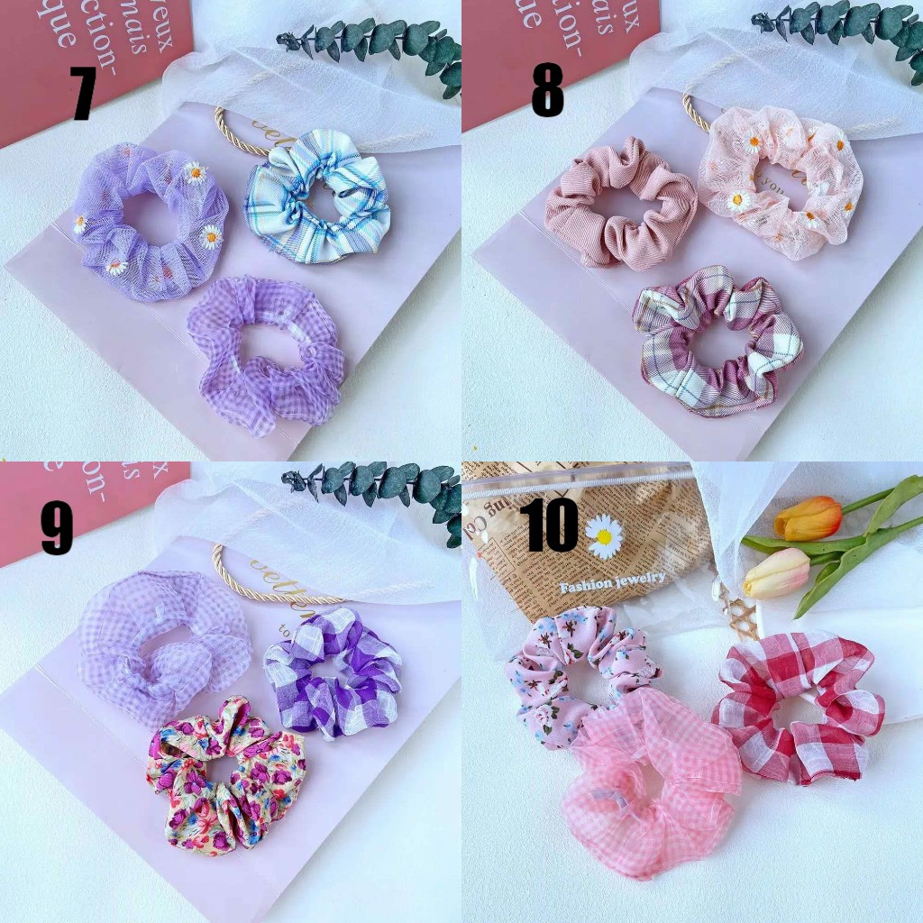 （ 27AN.ID ) COD 3Pcs/Set Ikat Rambut H159 Scrunchies Ponytail Elastis Bhn Sifon Motif BungaDaisy-2