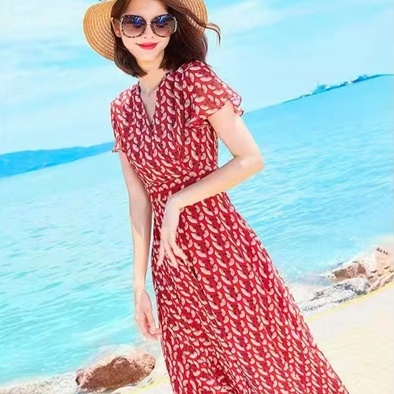 2022 Dress sifon setengah panjang sablon Lengan Pendek Rok Pantai Lutut Rok Tipis Bunga