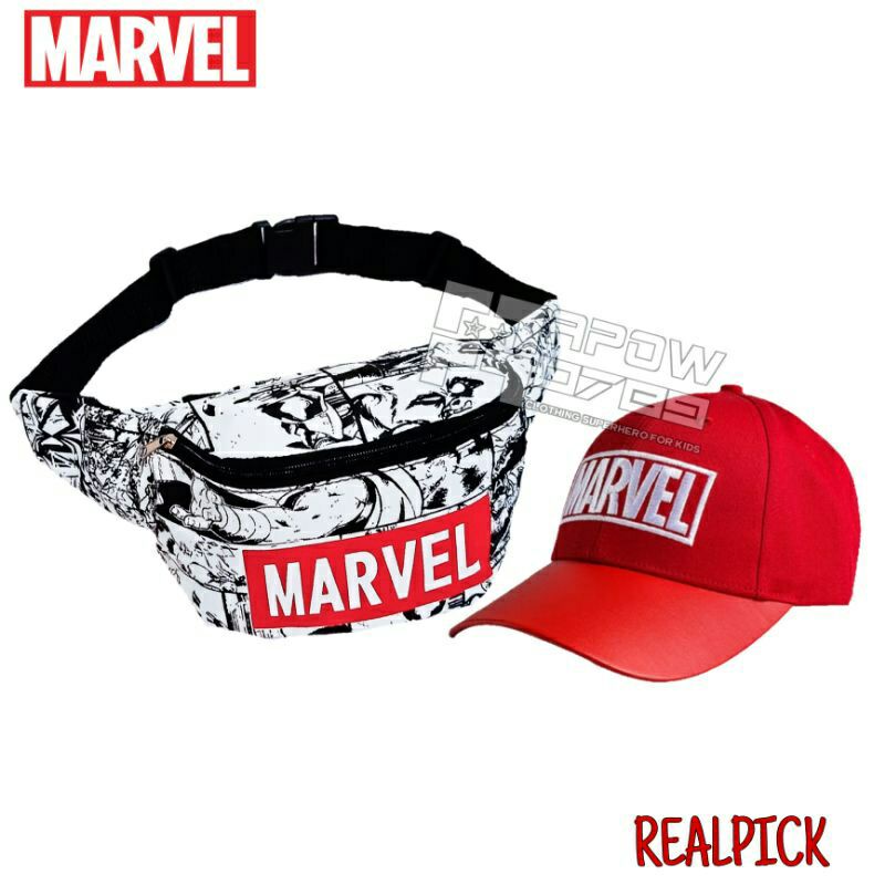 2IN1 TOPI BORDIR MARVEL TAS SELEMPANG KANVAS MARVEL TAS ANAK WAISTBAG ANAK TOPI ANAK MOTIF MARVEL