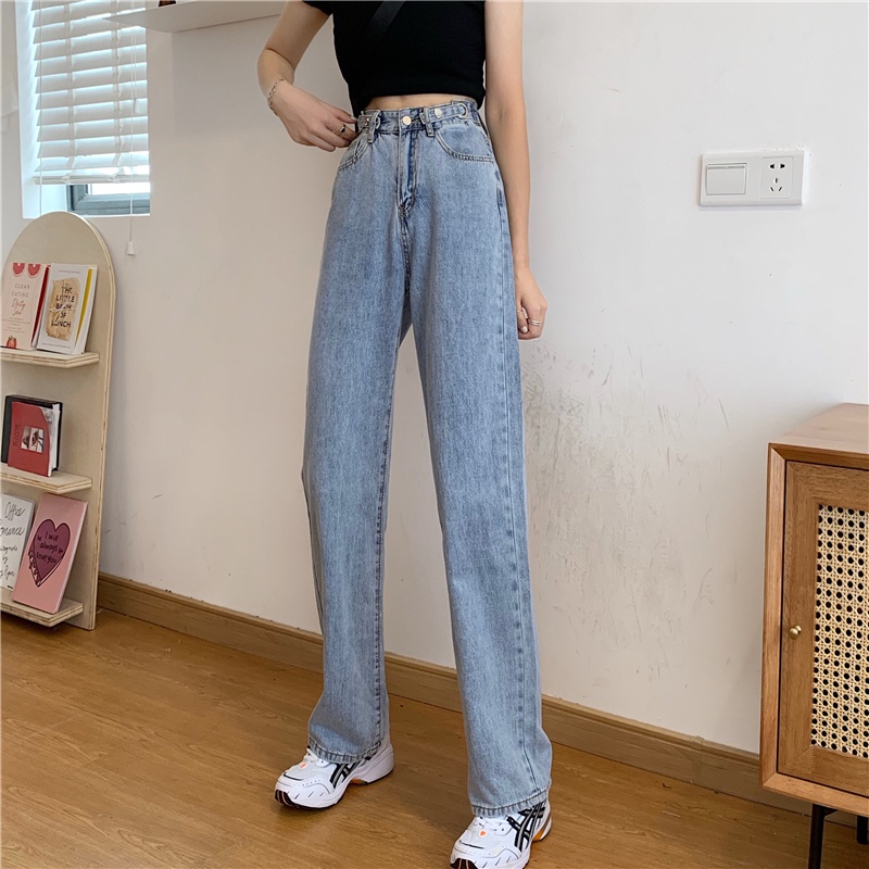 Celana panjang wanita baru slim-fit high-waist straight-leg wide-leg jeans celana highwaist wanita