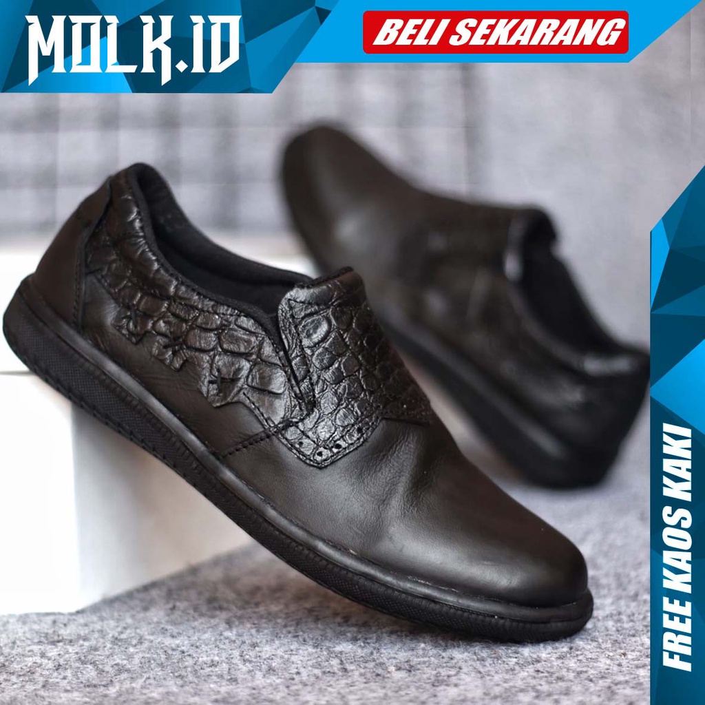 MOLK|Sepatu Slip On Pria Pantofel Hitam Kerja Kulit Asli Original Branded Fashion Simple Laki Laki