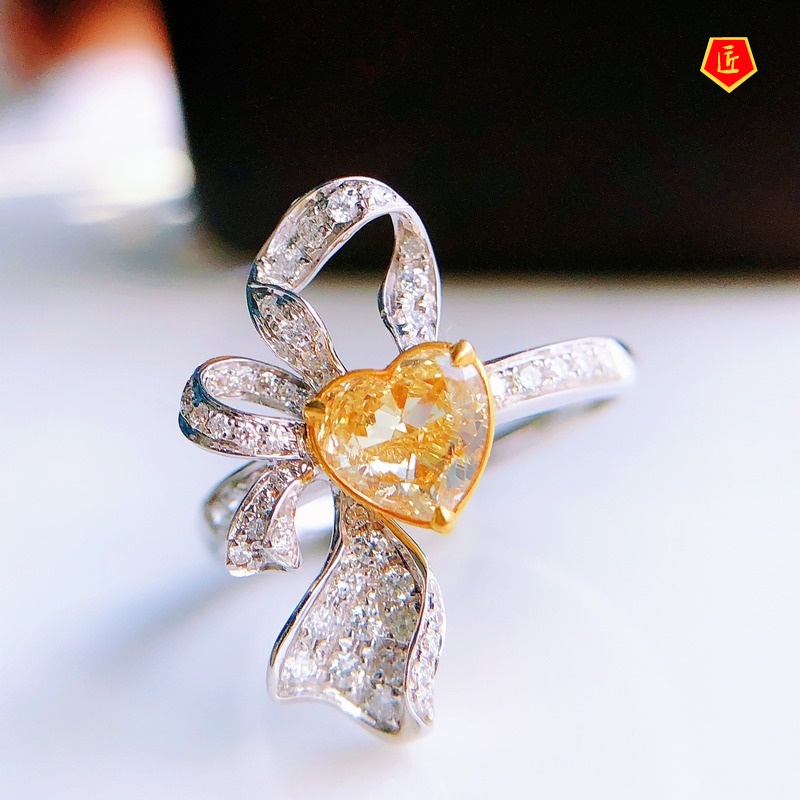 [Ready Stock]Fashion Creative Full Diamond Love Heart-Shaped Yellow Diamond Ring for Women