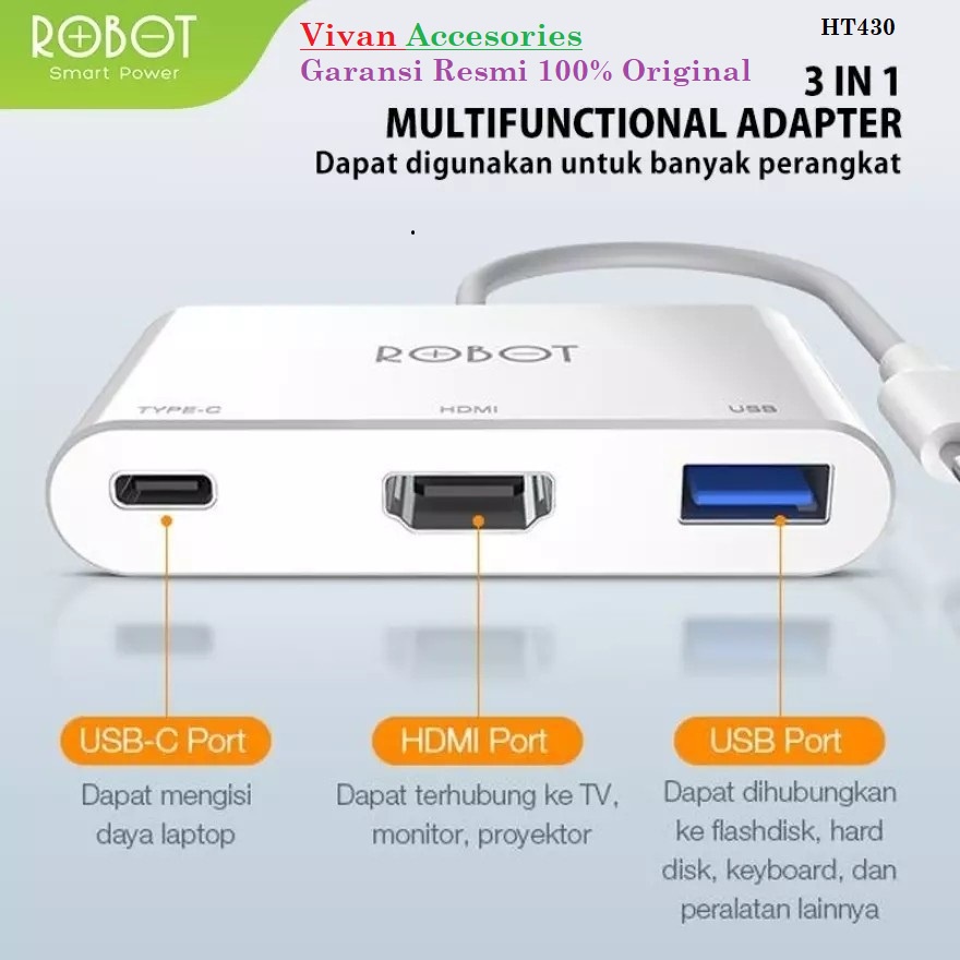 Robot HT430 3 in 1 USB-C Hub Adapter With HDMI 4K , PD 100W , USB 3.0