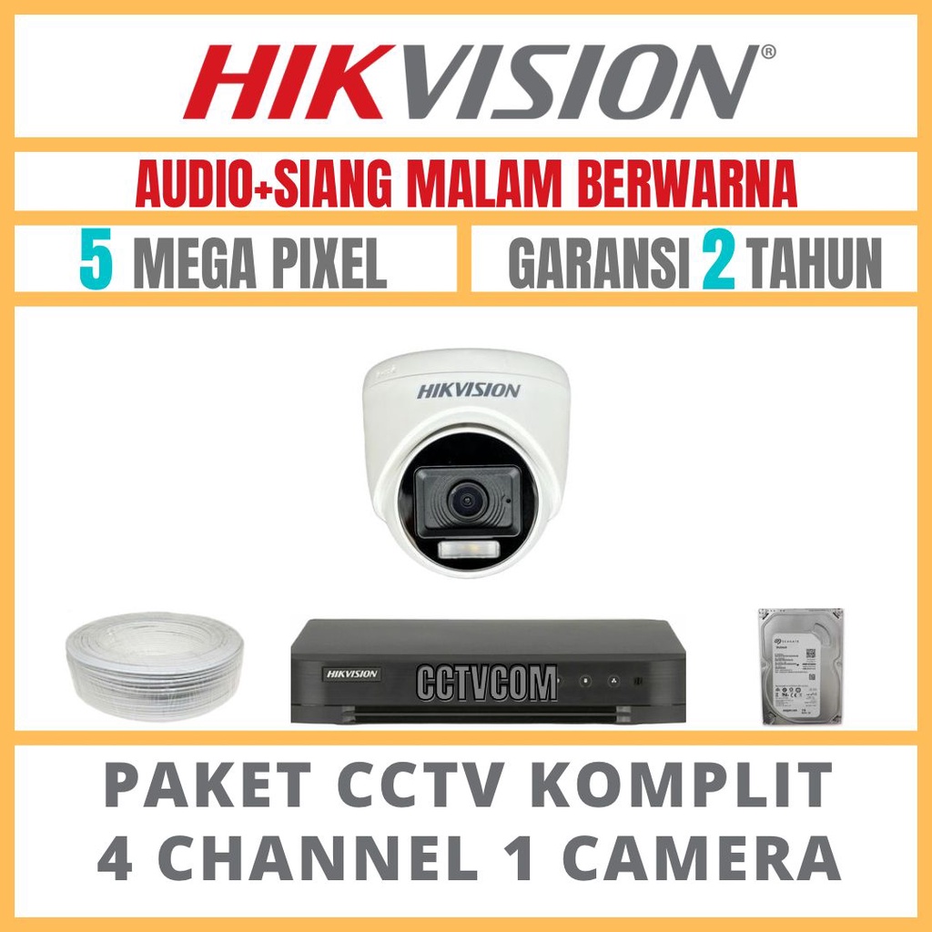 PAKET CCTV HIKVISION COLORVU 5MP 4 CHANNEL 1 CAMERA TURBO HD COLORFULL