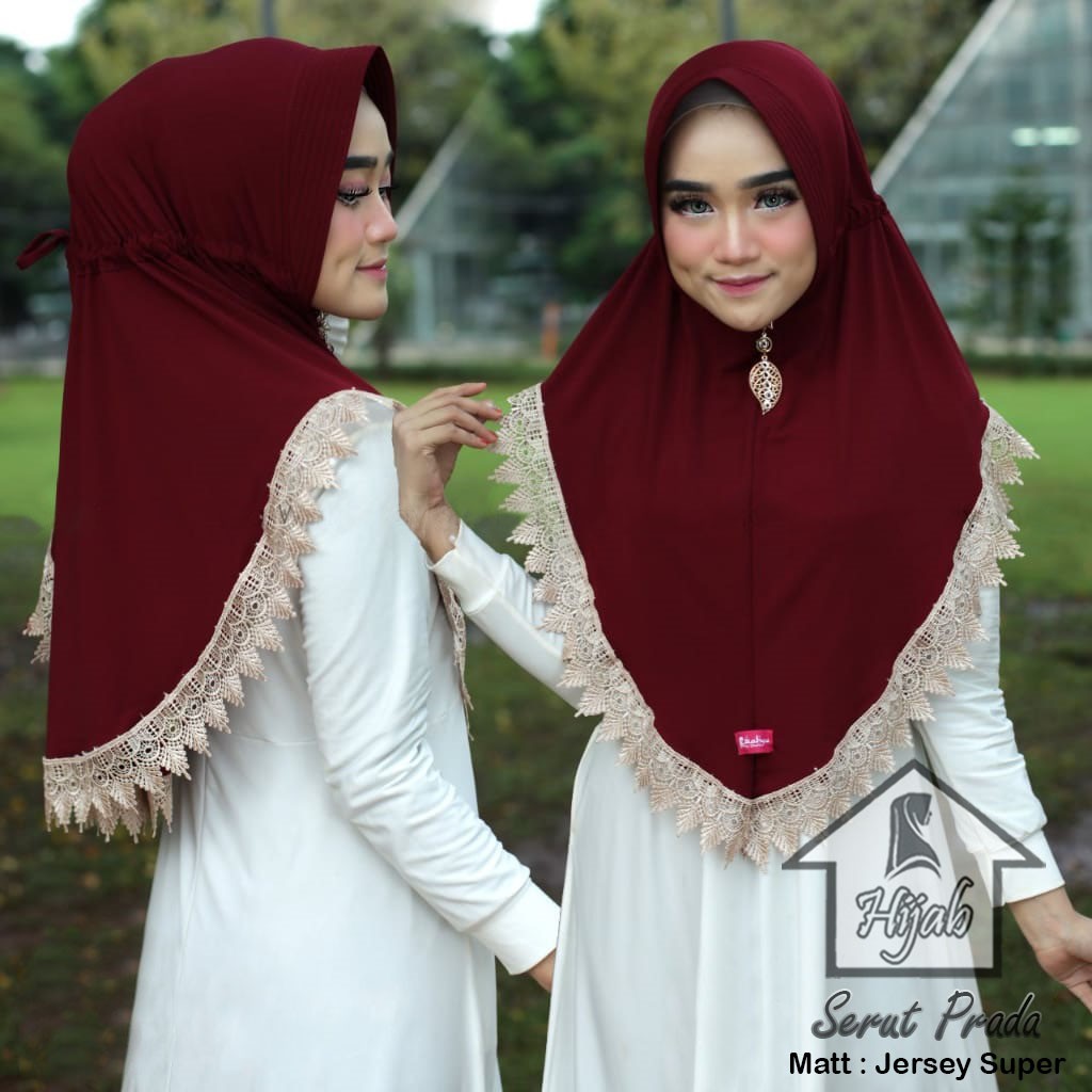 GROSIR Jilbab Instan Serut Prada Hijab Bergo Renda Import Terbaru dan Termurah RUMAH HIJA'B-Maroon