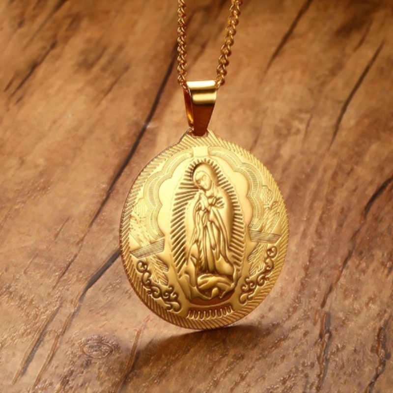 Men's Titanium Steel Plated 18K Gold Virgin Mary Pendant Necklace