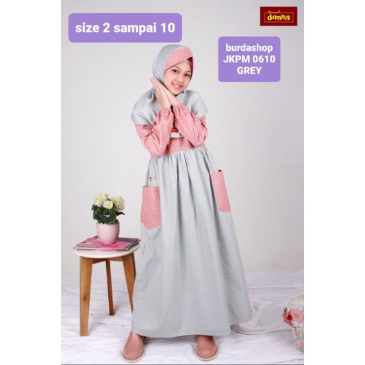 BAJU MUSLIM ANAK DANNIS PEREMPUAN JKPM 0610 GREY SIZE 2,3,4,5,6,7,8,9,10 ( BAJU LEBARAN )