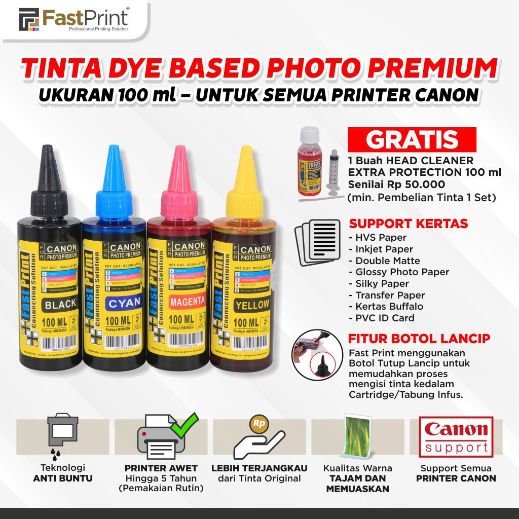 Tinta Dye Based Photo Premium 100ML Printer Canon 1Set 4Warna