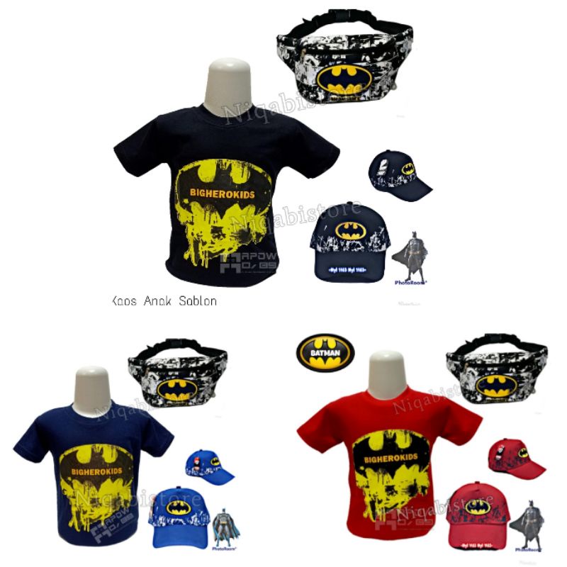 Baju kaos anak batman 3set tas selempang anak topi anak