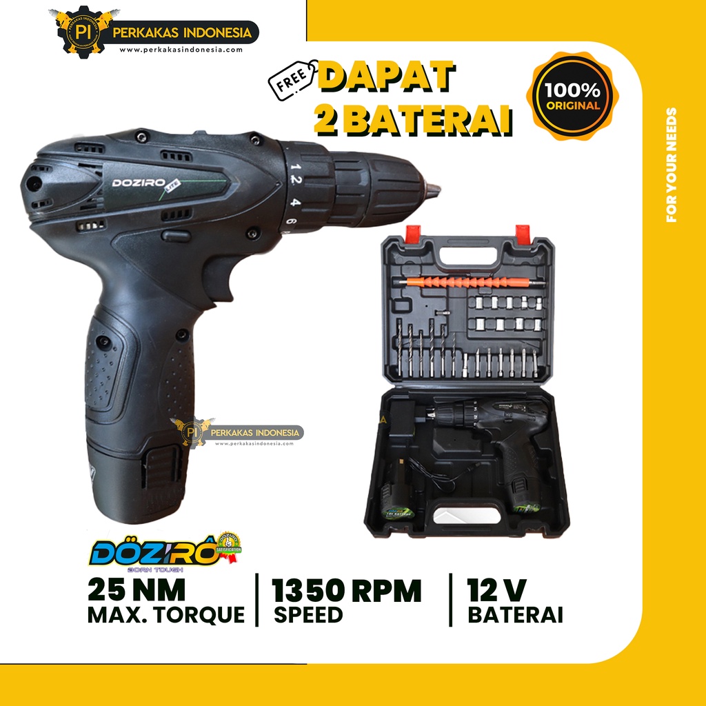 Mesin Bor Cordless DOZIRO 12V FULLSET Bor Baterai Tanpa Kabel SET 12 v Drill Driver Kit Bor Obeng