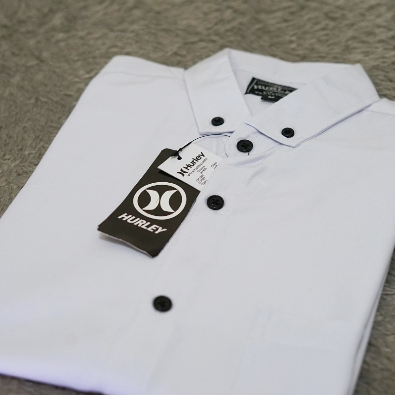 Kemeja Hurley Putih White Polos Pria Lengan Pendek Slimfit Premium Distro