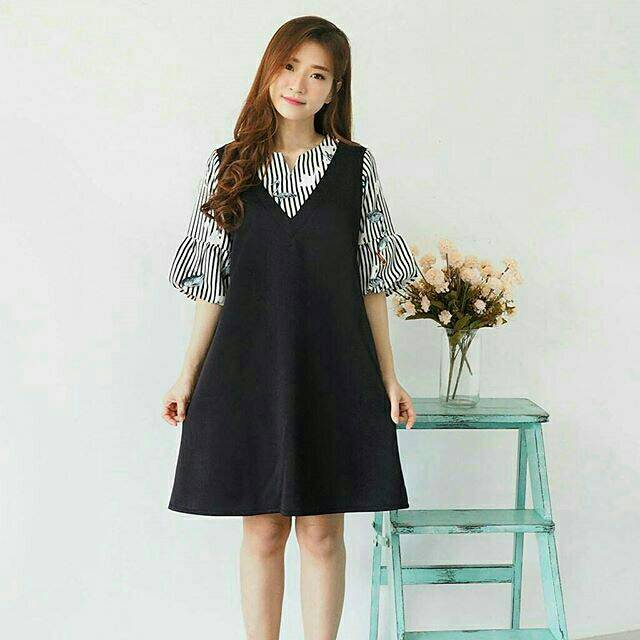 FINOLLA DRESS DRESA SIMPEL DRESS CASUAL DRESS SABRINA MODEL BARU DRESS MOTIF BURUNG WARNA HITAM