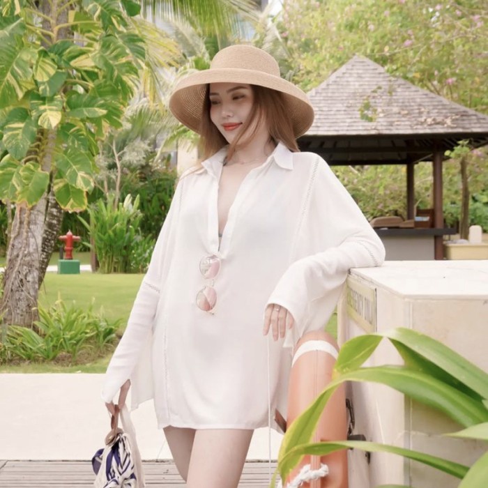 Bohemian outer pantai kemeja lengan panjang white putih luaran bikini