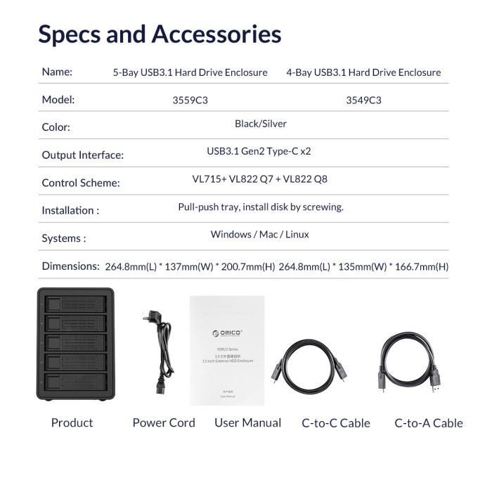 External Hard Drive disk orico 5 Bay 2.5 3.5 sata Type-C Enclosure 3559C3 - Casing harddisk hdd ssd