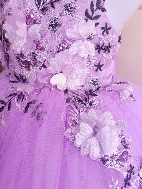 GA2559 PREMIUM ARINA DRESS PURPLE GAUN PESTA ULANG TAHUN ANAK PEREMPUAN UNGU BUNGA PENGAPIT WEDDING