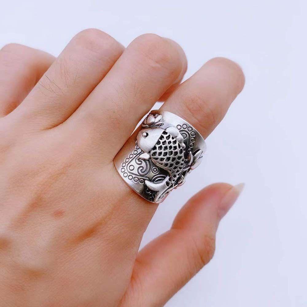 Mxbeauty Pembukaan Cincin Gaya Punk Retro Berongga Bentuk Ikan Lotus Tembaga Koin Menarik Kekayaan Perempuan Jari Cincin