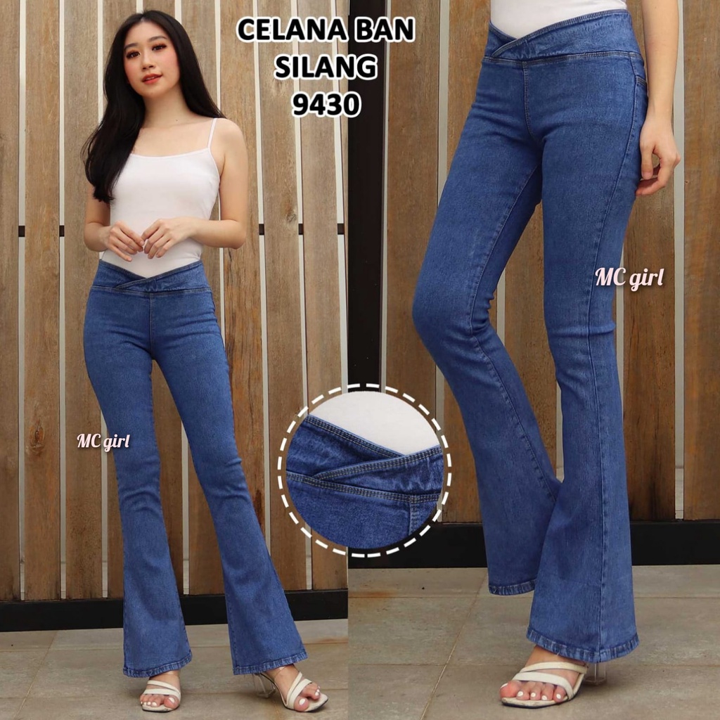 ( Size 27 - 34 ) MC girl - Cutbray Jeans Pinggang Silang Warna Snowblue Wanita / Celana Lepis Kaki Lebar Snow Blue / Cutbrai Panjang / Boot Cut