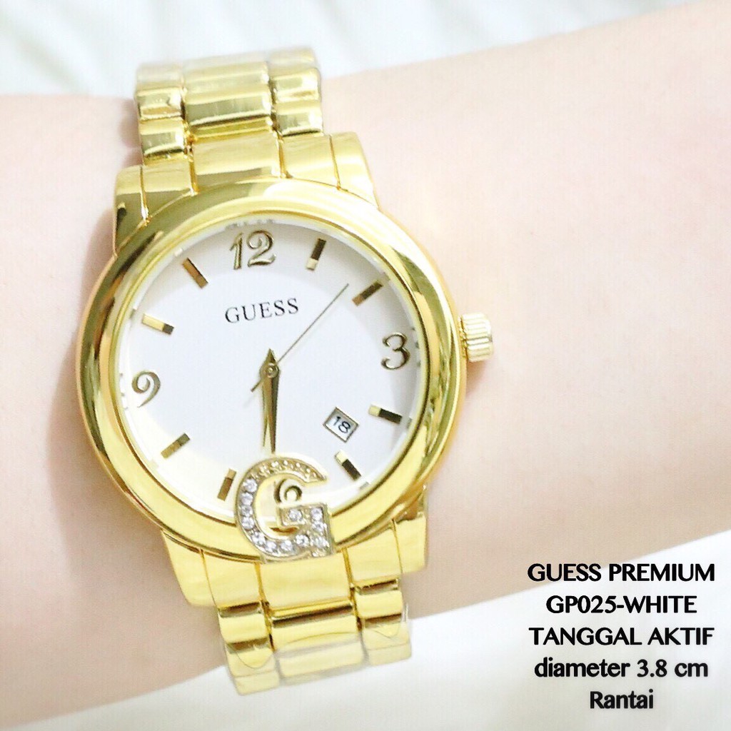 Jam tangan rantai  wanita guess gold stainless tanggal aktif model polos grosir GP025