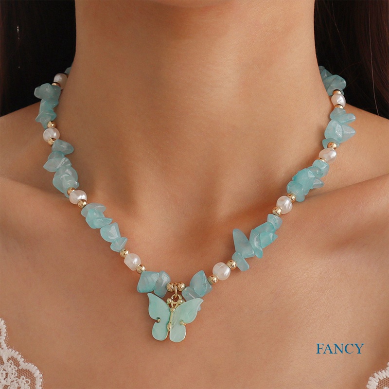 Kalung Pendek Liontin Kupu-Kupu Aksen Mutiara Imitasi Warna-Warni Gaya Bohemian Untuk Wanita