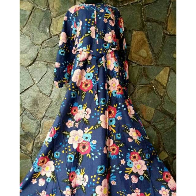 Gamis Katun Jepang Alasca warna Biru Dongker Motif Bunga
