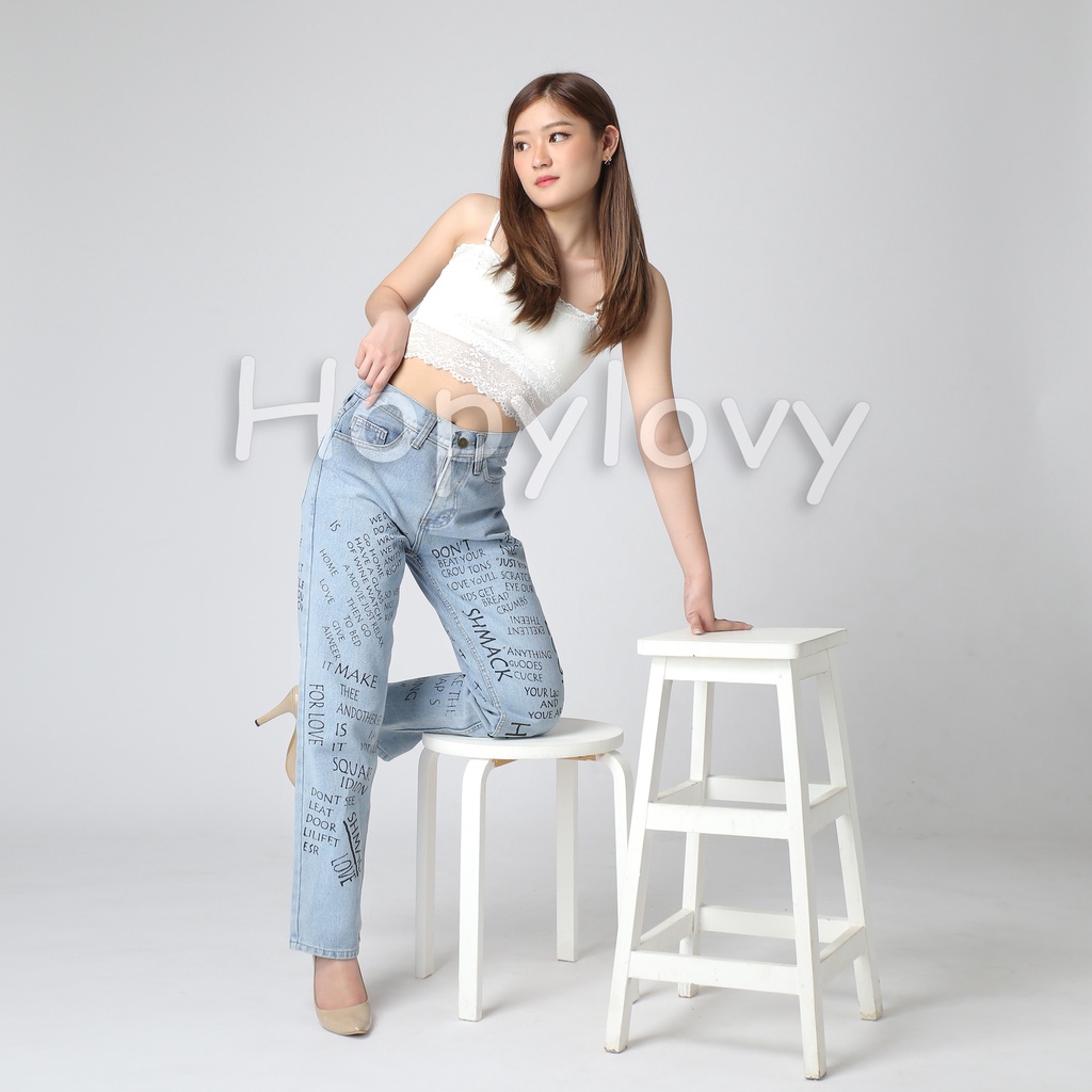 HOPYLOVY - Celana Panjang Jeans Wanita Highwaist Jeans Boyfriend Loose Advika