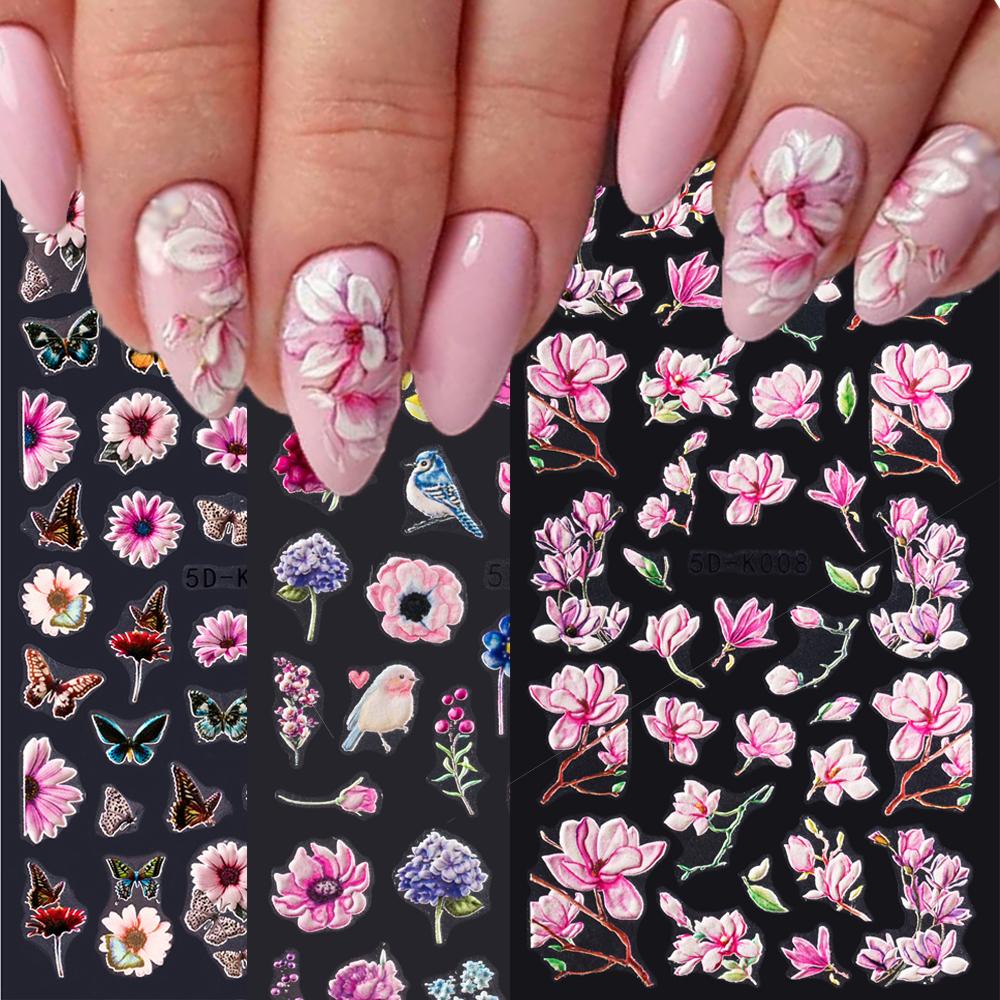 AUGUSTINA Agustin 5D Timbul Kuku Stiker Salon Murai Mawar Bunga Matahari Merah Peony Gardenia Kupu-Kupu Manikur Aksesoris Kuku Foil Decals DIY Nail Art