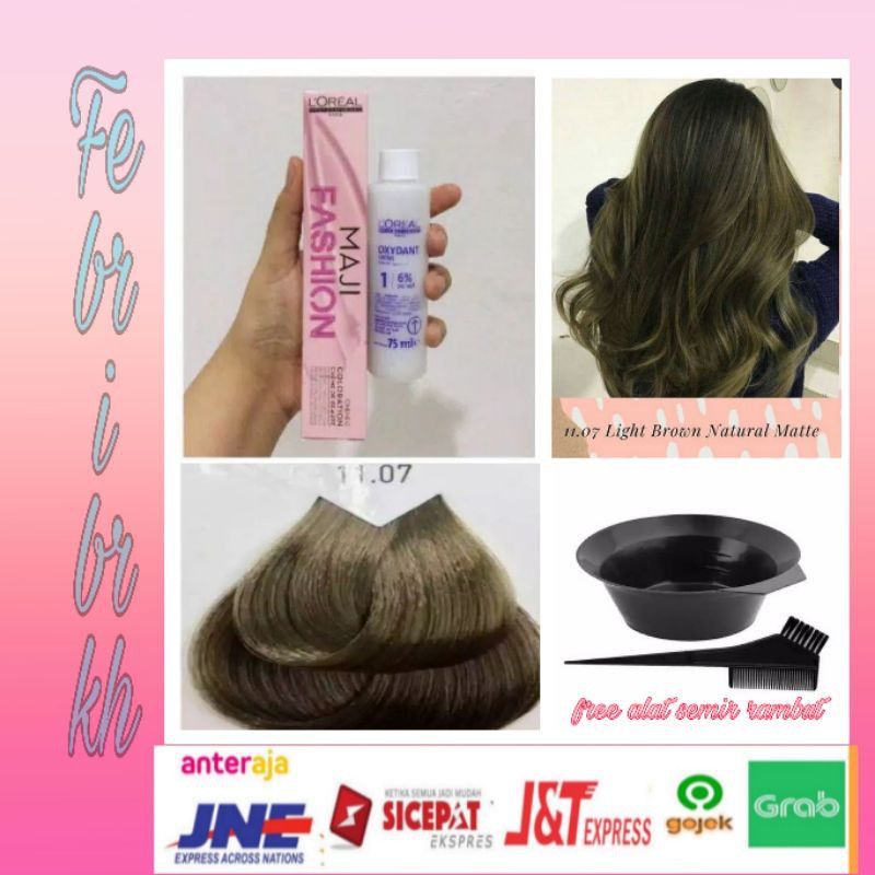 Cat rambut L'oreal maji Fashion 11.07 Matcha ash natural light brown plus oxidant cream