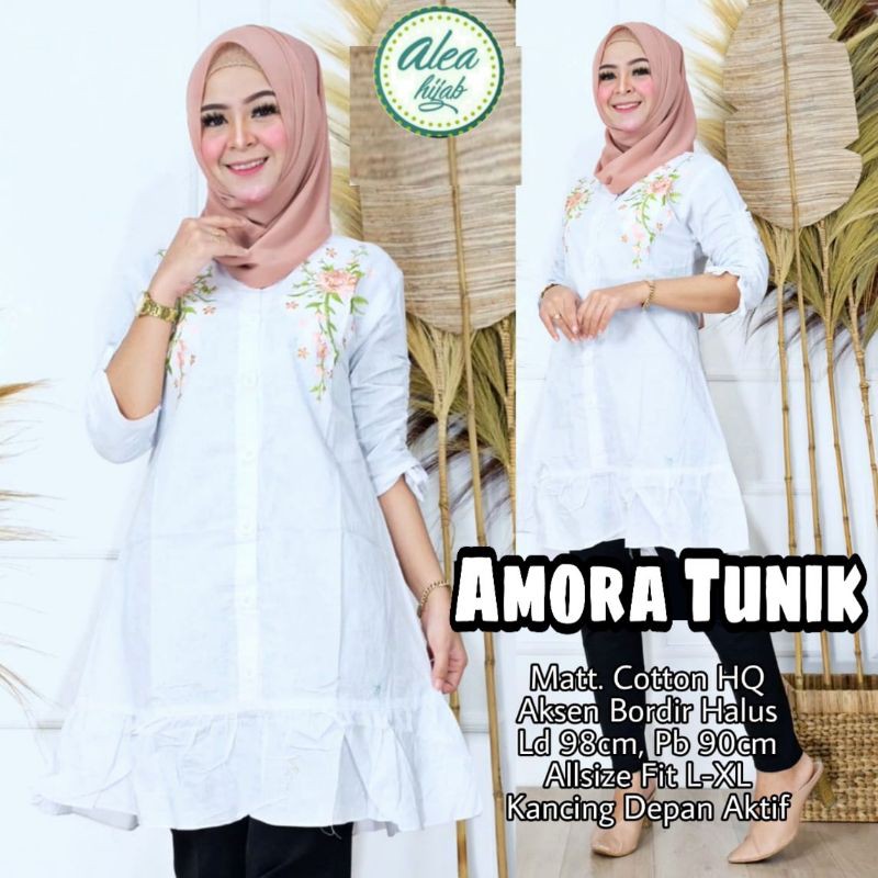 Amora tunik katun putih polos aksen bordir bunga