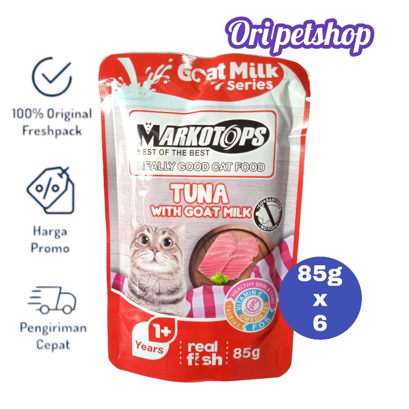 (6 pouch) Markotops Pouch Sachet 85gr Wet Cat Food - Tuna With Goat Milk