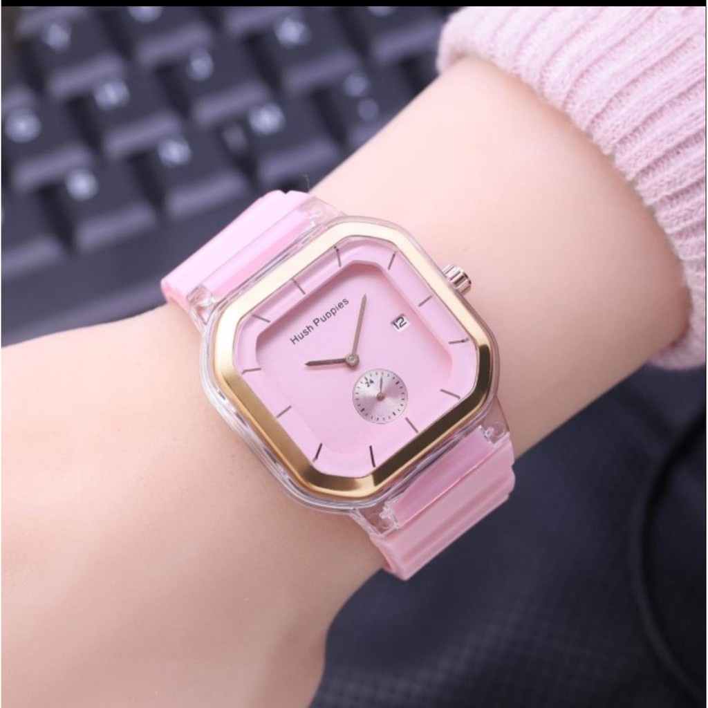 [✅COD] Jam Tangan Wanita Cewek Hush Puppies Sergi Jarum Strap Rubber Tanggal Aktif