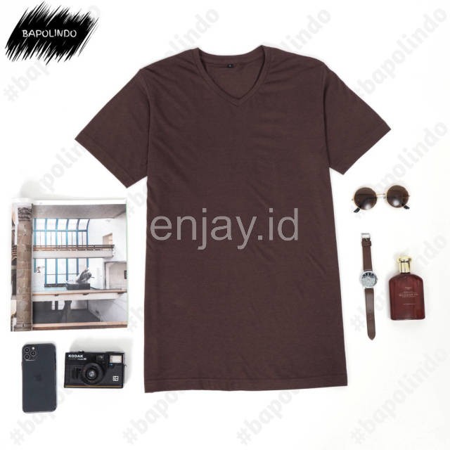 enjay.id - PREMIUM Kaos warna Coklat oblong ANTI BAKTERI Leher V neck lengan pendek Original