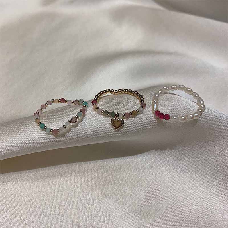 Cincin Manik-Manik Kristal Bentuk Hati Geometris Elastis Gaya Korea