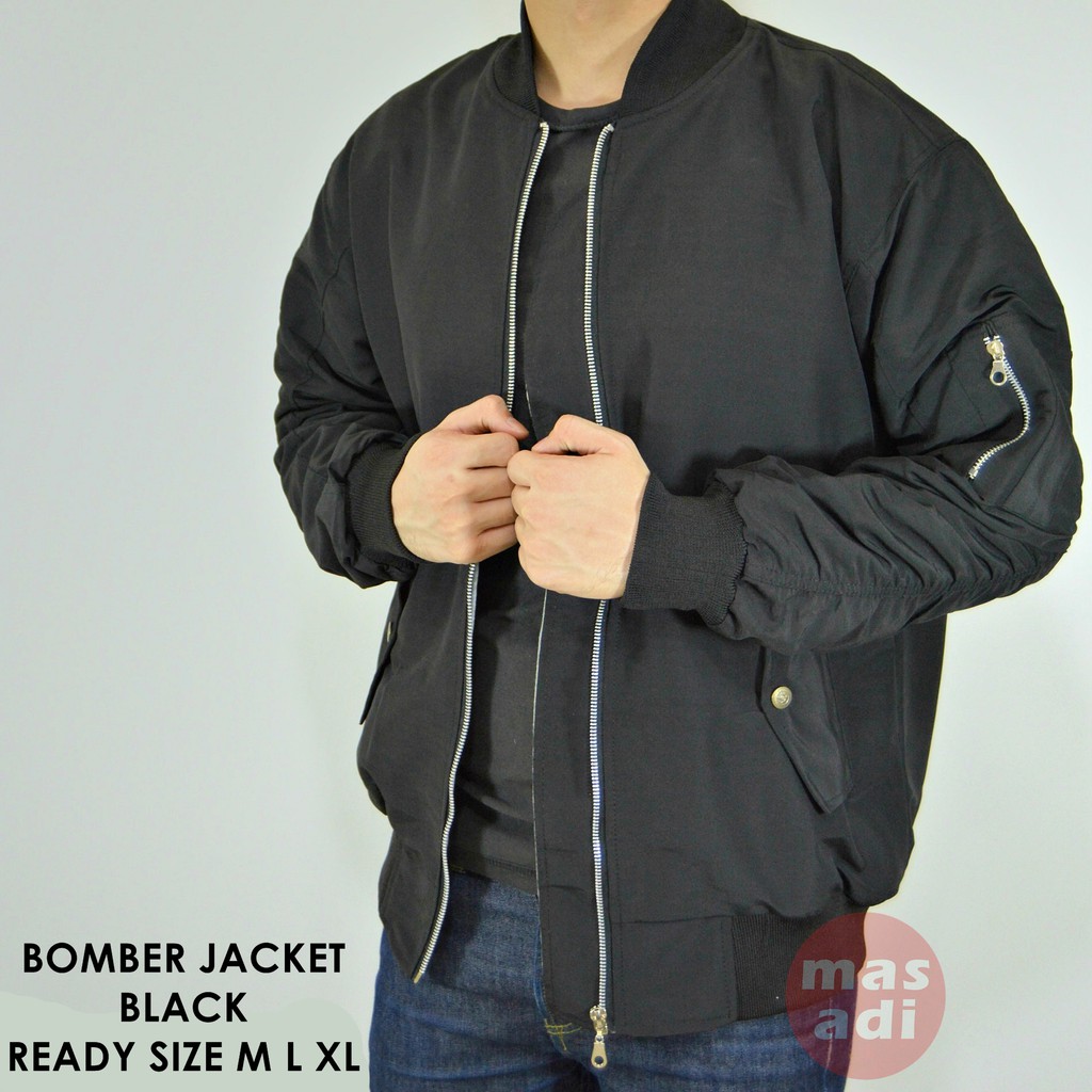 Jaket Parasut Bomber Pria Cowok Black Hitam Polos Premium Size M L XL