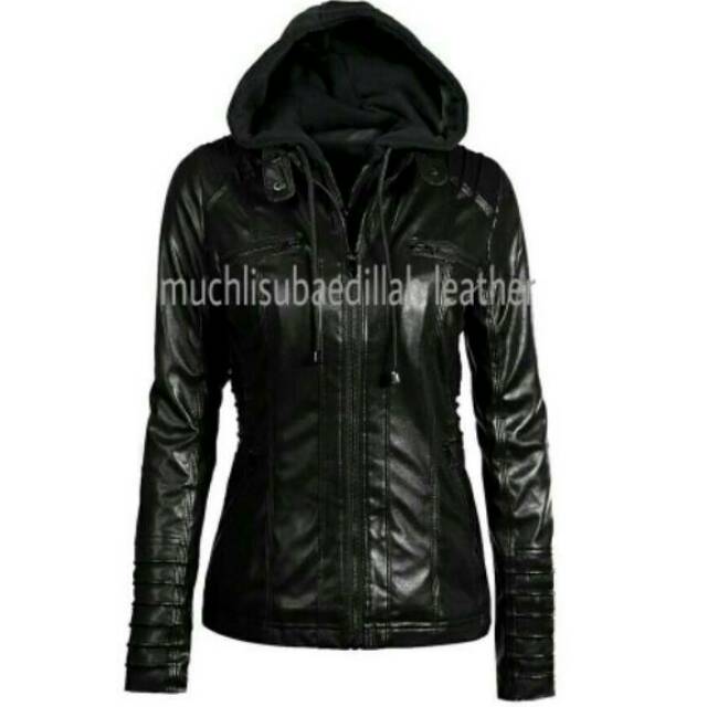 Jaket Semi Kulit Wanita Hoodie/ Sintetis Premium Termurah.