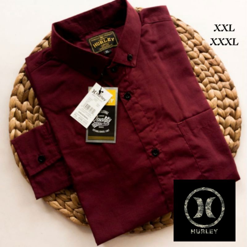 Kemeja Polos Maroon Lengan Panjang Big Size Original Hurley