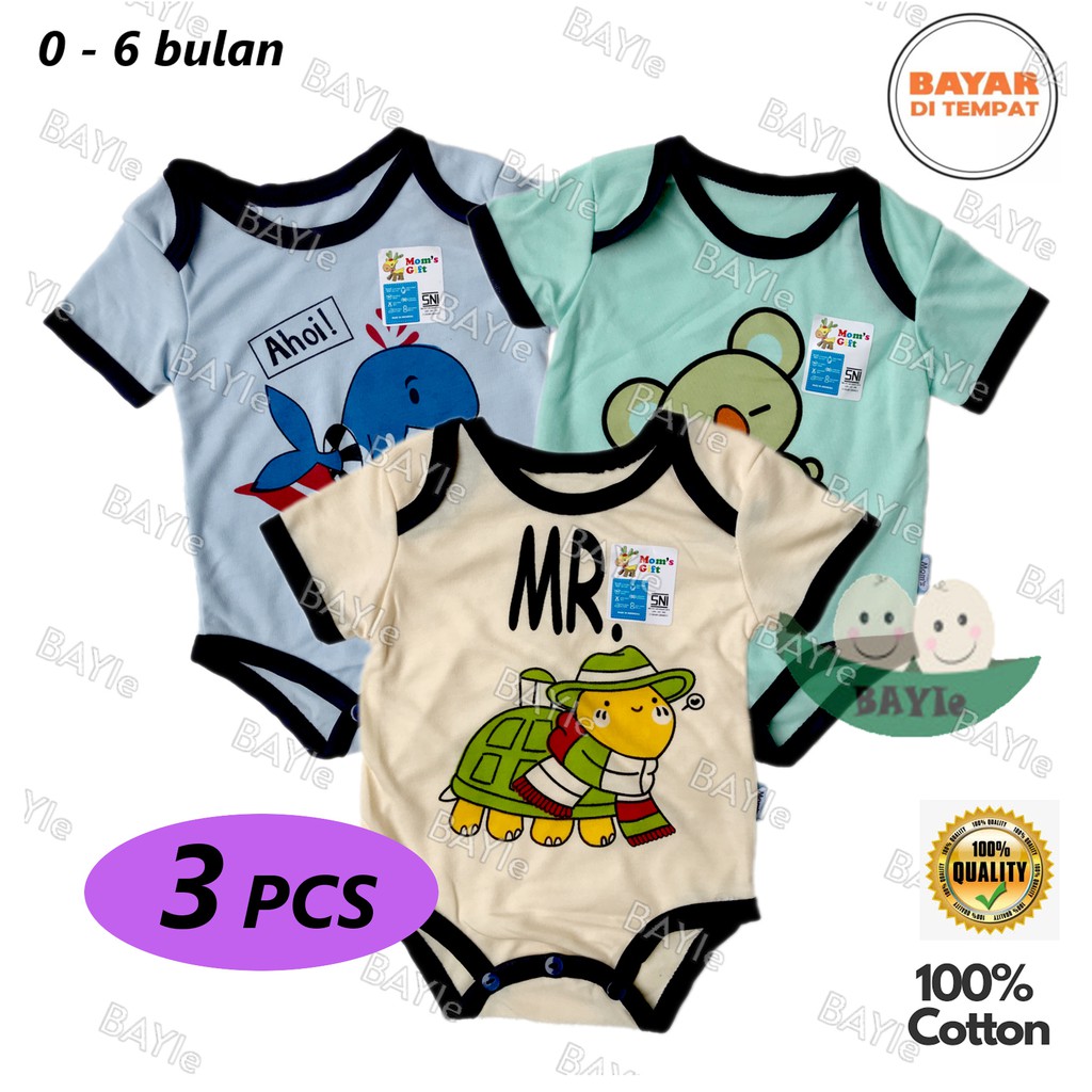 BAYIe -  3 PCS Baju Bayi Romper/Jumper/Jumpsuit Segitiga WARNA MOM'S GIFT usia 0 - 6 bulan 100% katun SNI KD-N29/baju bayi new born