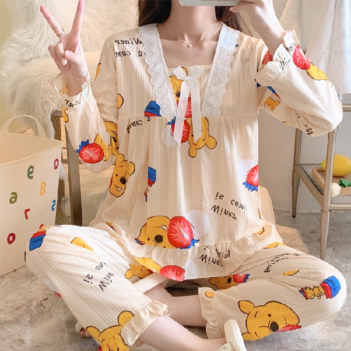 Baju Tidur / Piyama Import Wanita Motif Celana Panjang Lengan Pendek Stelan Sleepwear 3in1 Jumbo-RENDA-Pooh Kuning